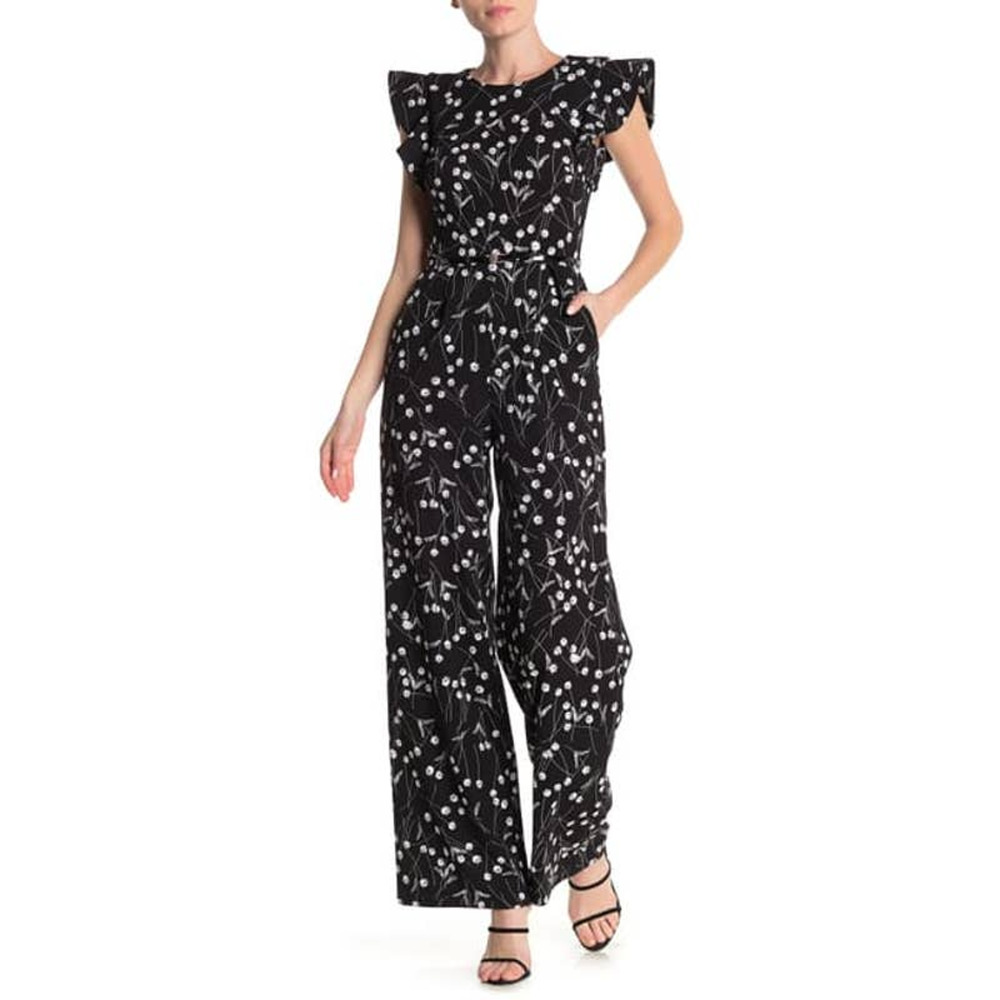 Calvin Klein Black Floral Ruffle Wide Leg Jumpsuit Women's Size 10 NWT Belted